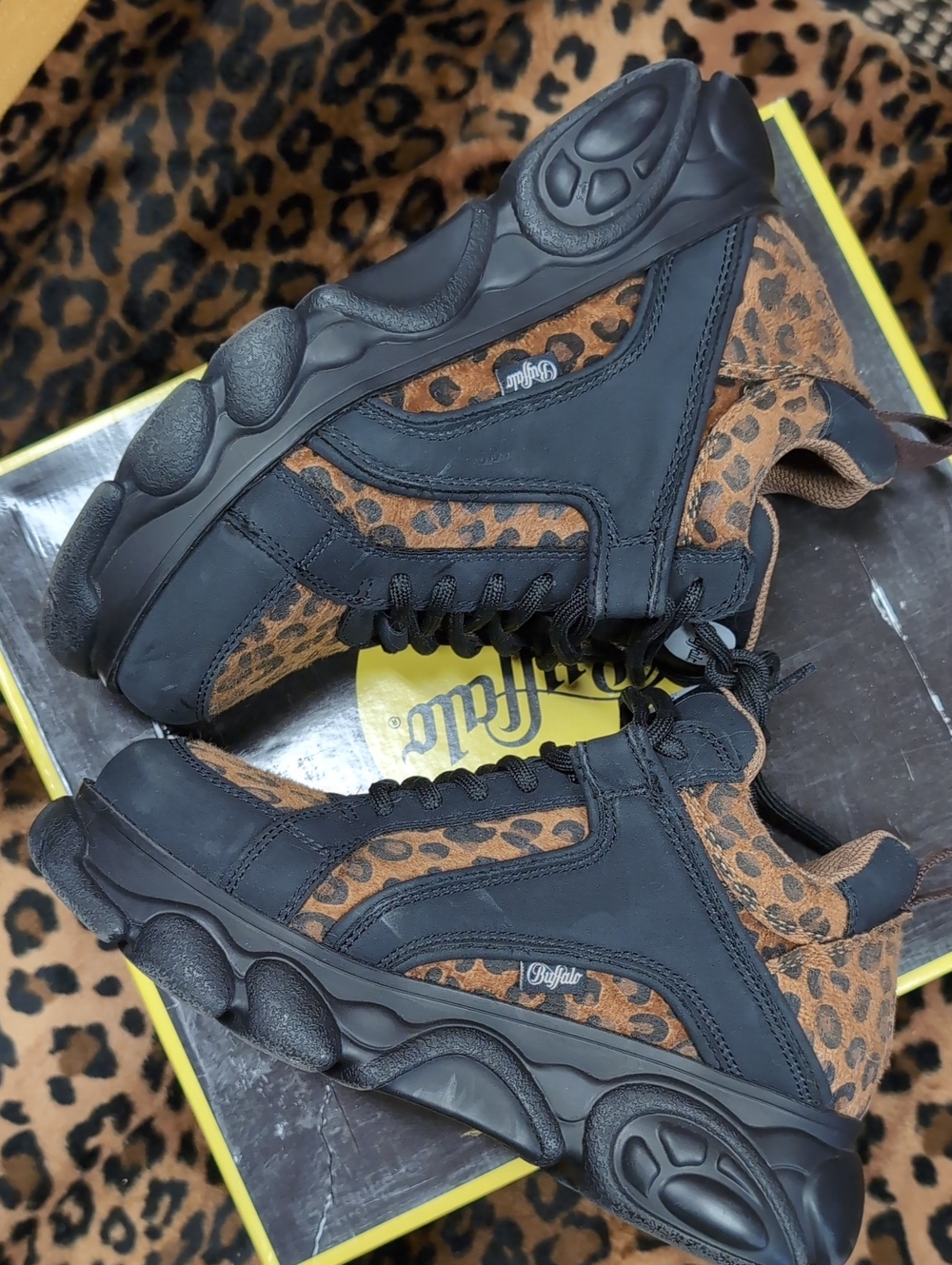 Buffalo London Black & Brown Leopard Platform Sneakers Colby